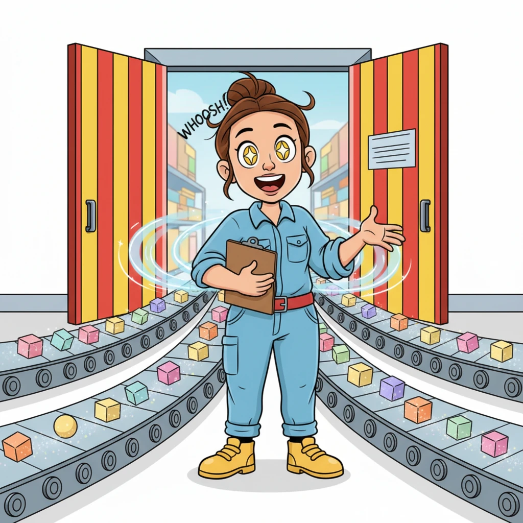 Just then, the big warehouse doors swung open with a joyful 'WHOOSH!' Two thousand brand-new, sparkling items rolled in on shiny conveyor belts. Penny's eyes sparkled even brighter than the new arrivals!