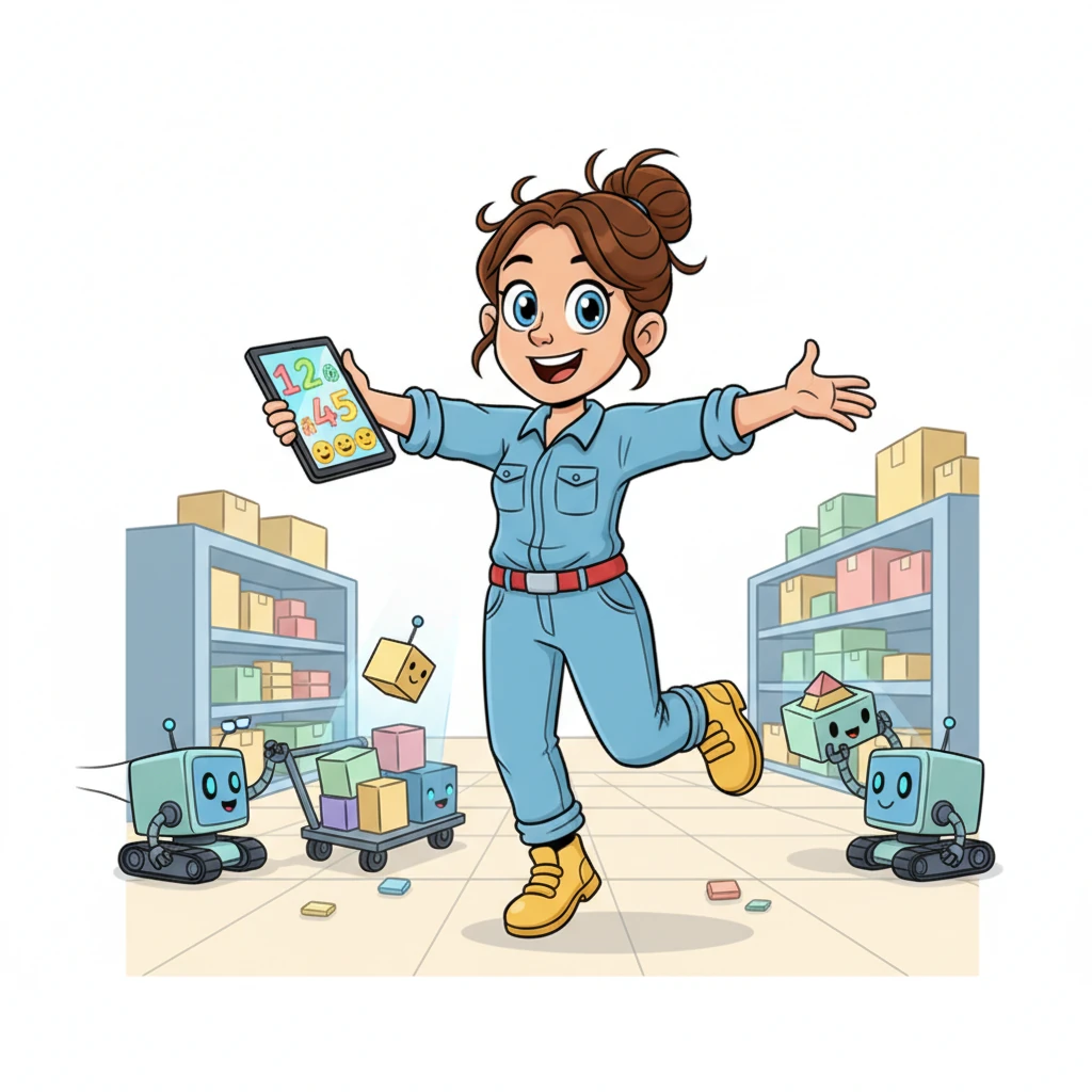 With a skip and a hop, Penny directed the little robot helpers, guiding the new items to their perfect spots. She added them to her grand total, watching her numbers grow bigger and happier on her board.