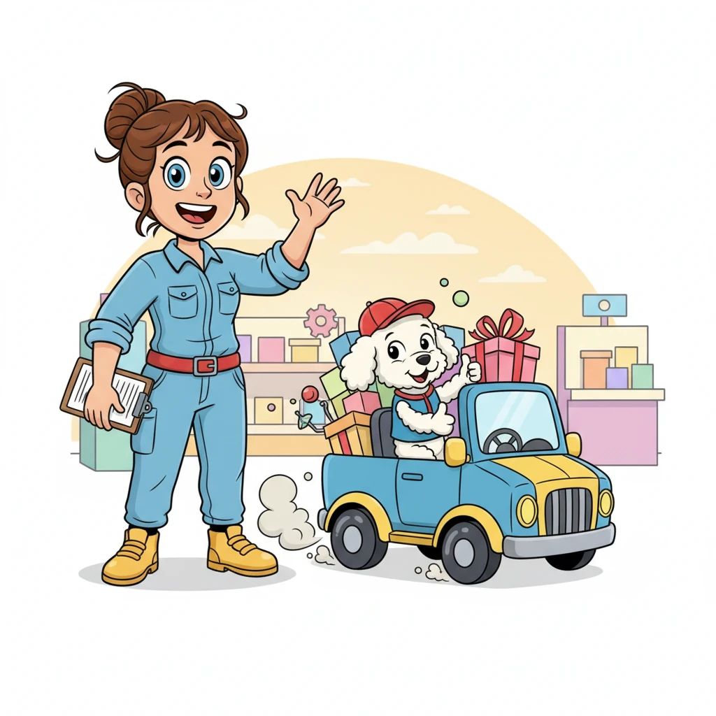 As the day wound down, Penny discovered a final batch of six hundred seventy-five items that needed to be moved to a special display. She helped her pal, Pip the Poodle, load them onto a cute, tiny truck, waving them off with a cheerful smile.