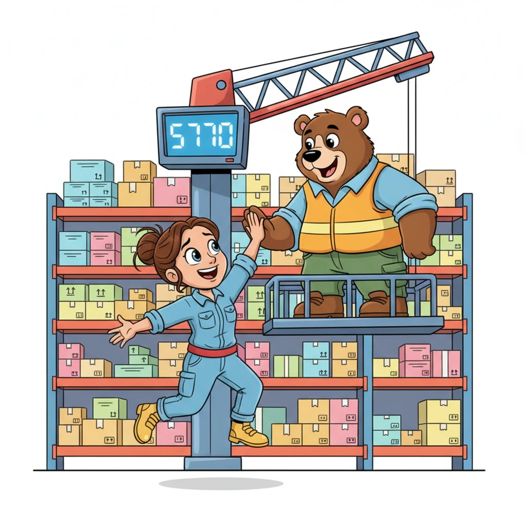 Penny high-fived her best friend, Barnaby the Bear, who worked the big crane. They shared a celebratory giggle, knowing that thanks to Penny the Planner, the warehouse was perfectly organized, with exactly five thousand seven hundred seventy items remaining!