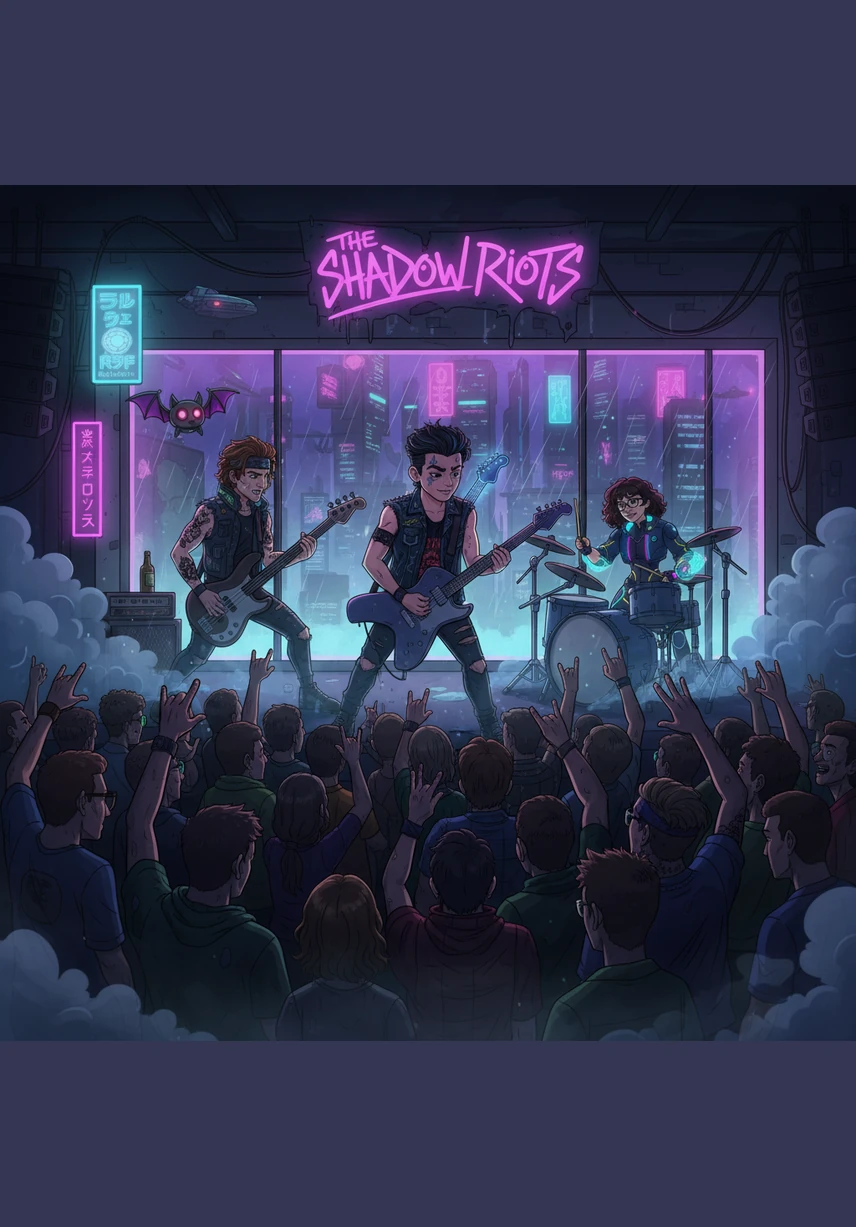 The air in the club is thick with sweat and the roar of the Corroded Coffins. On stage, Eddie shreds his guitar with wild abandon, while Sofia watches from the wings, her dark brown eyes gleaming behind her black glasses as she feels the vibration of the bass in her chest.