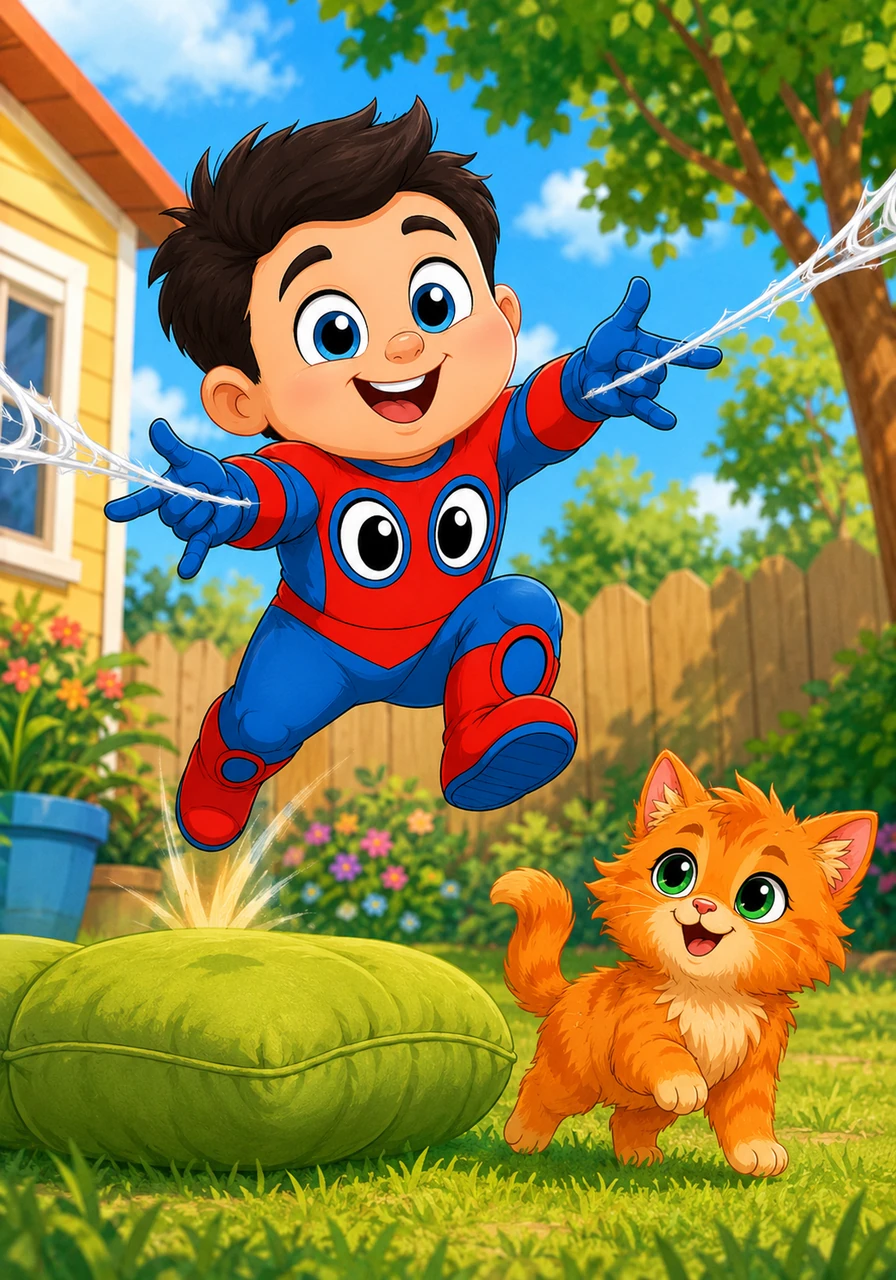 In a sun-drenched, colorful backyard, a bouncy toddler named Peter wears a bright red and blue hero suit with oversized, expressive eyes. He leaps off a plush green cushion, giggling as he pretends to shoot imaginary webs from his tiny wrists.