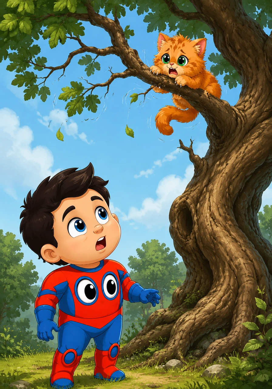 Suddenly, a sharp mewing sound echoes from above, catching Peter's attention and making his giant eyes widen with curiosity. High up in the old, twisting oak tree, a fluffy orange kitten clings desperately to a shaky branch.