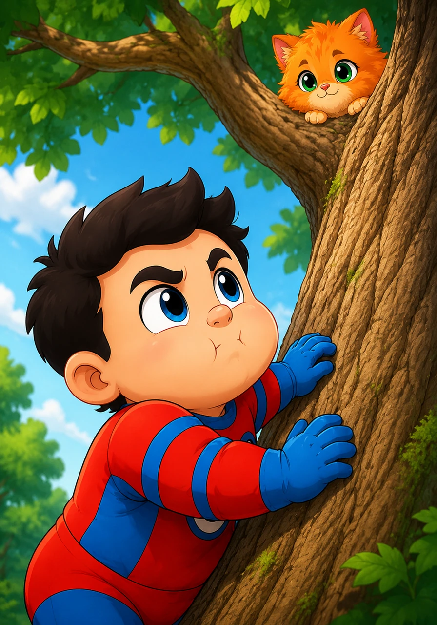 Peter zooms in close to the tree trunk, placing his chubby hands on the bark and looking up with a determined expression. He takes a deep breath, his round cheeks puffing out as he prepares for his big rescue mission.