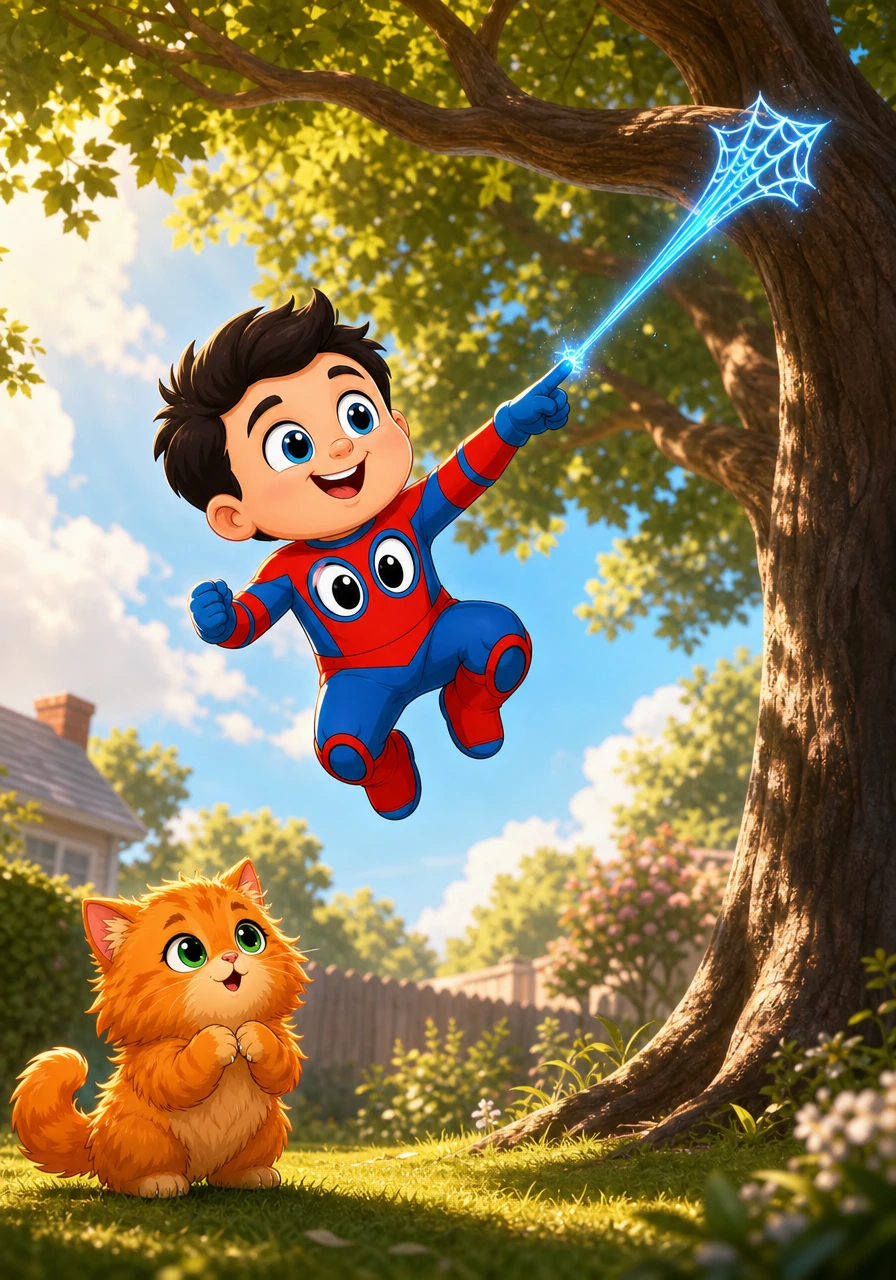 With a mighty toddler hop, Peter springs into the air, shooting a sticky, glowing blue energy web toward the lowest branch. The camera captures the wide, cinematic scale of the backyard as he swings gracefully through the warm morning air.