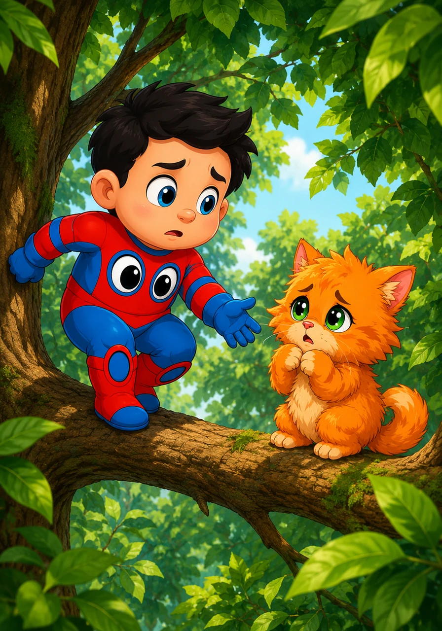 He lands softly on a thick limb, balancing carefully on his tiptoes while the bright green leaves rustle around him. Just a few feet away, the frightened kitten shakes, its big emerald eyes looking at Peter for help.