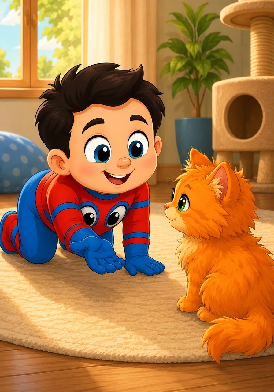 Peter crawls forward on all fours, mimicking a friendly spider while keeping his movements smooth and gentle so he doesn't scare his new friend. He extends a warm, open hand and speaks in a soft, comforting voice.