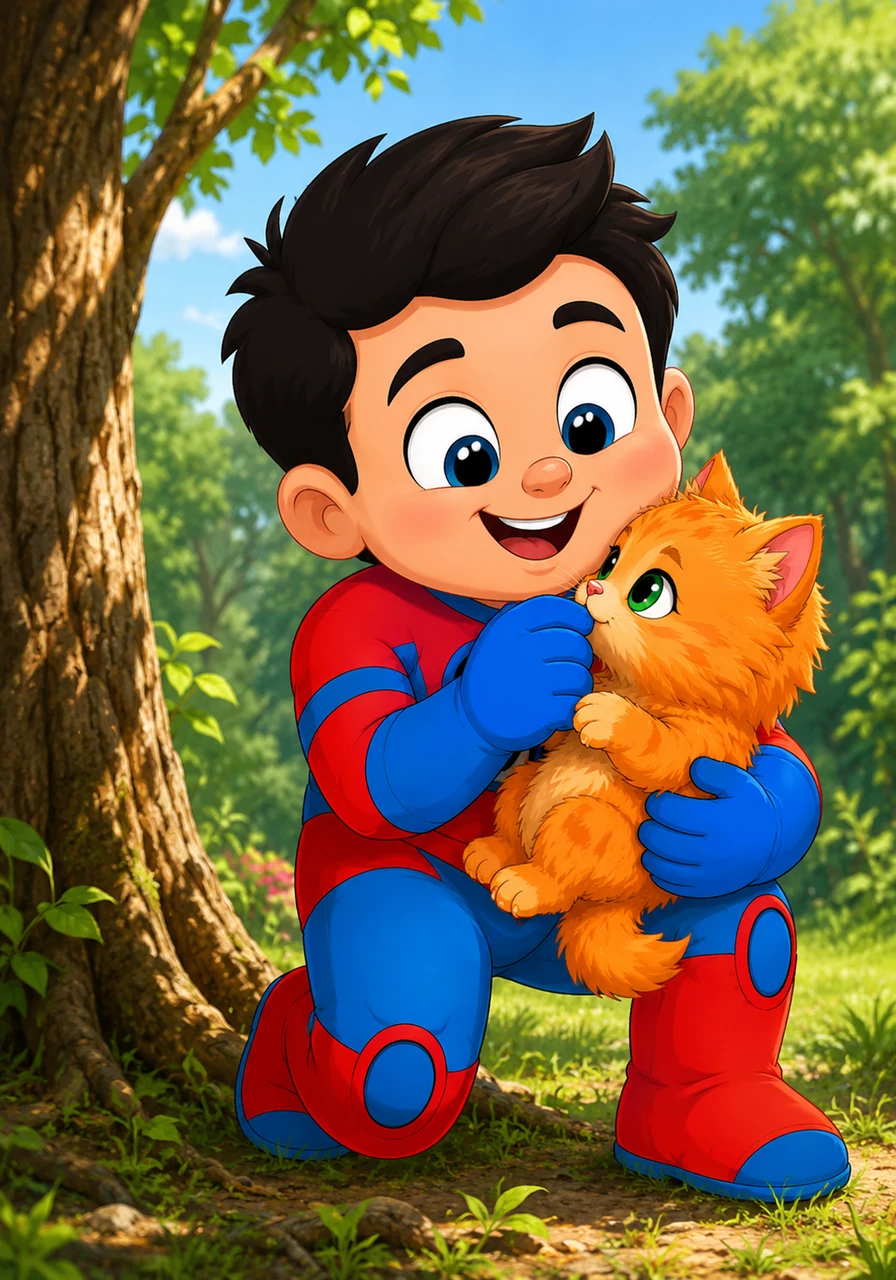 The tiny kitten sniffs Peter's gloved hand, untangling its claws from the bark and taking a brave step forward. With a joyful smile, Peter scoops the furry bundle into his arms, holding it safely against his chest.