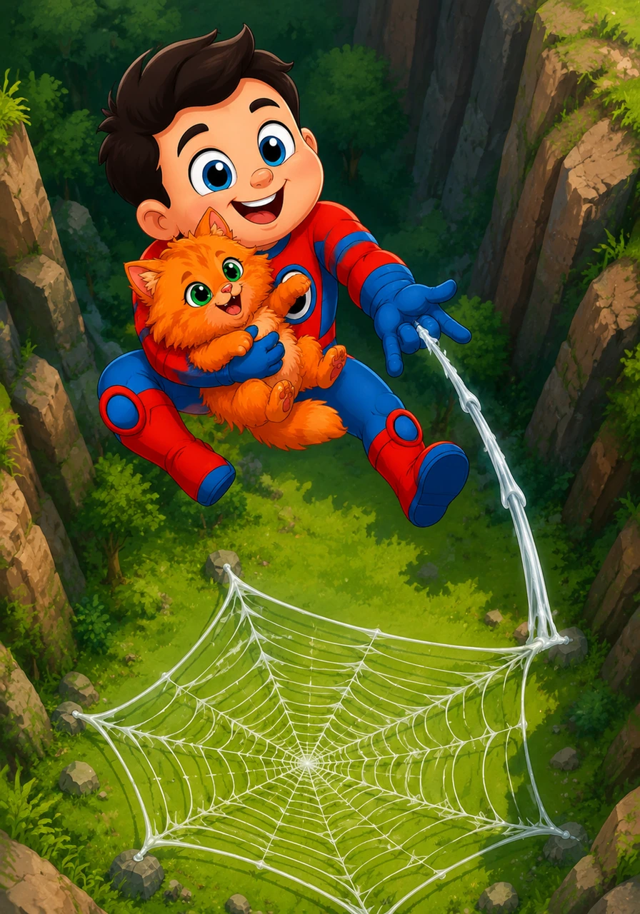 Looking down at the steep drop, Peter aims his free hand toward the soft grass below and fires a bouncy web-trampoline. He takes a brave leap backward into the open air, cradling the kitten tightly as they plummet safely toward the ground.
