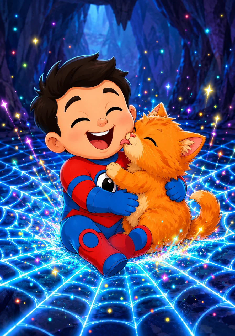 They land with a soft, satisfying bounce right in the middle of the glowing blue web, sending up a harmless shower of colorful sparkles. Peter laughs out loud as the kitten licks his cheek in sweet gratitude.