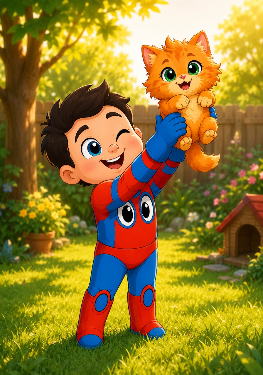 Standing proudly on the lush green lawn, the little hero holds the rescued kitten high in the air under the golden sunlight. With a wink from his giant mask eyes, Peter celebrates his successful backyard adventure, ready for whatever fun comes next.
