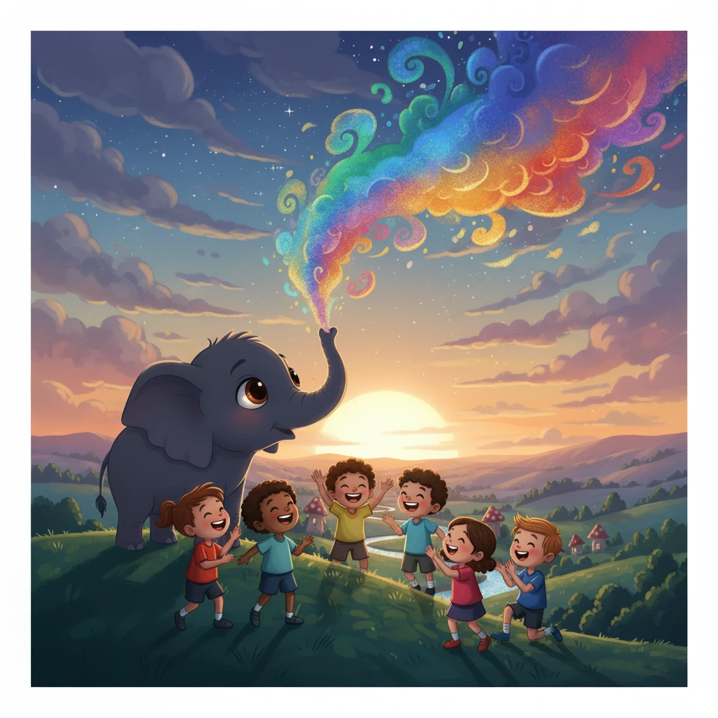 Inspired by the child's laughter, Elara decided to start again. She blew a small puff of her colorful dust towards the sky. The gray began to melt away, and soon, the sky was filled with vibrant colors once more, all thanks to a little girl's laughter and a kind elephant's magic.