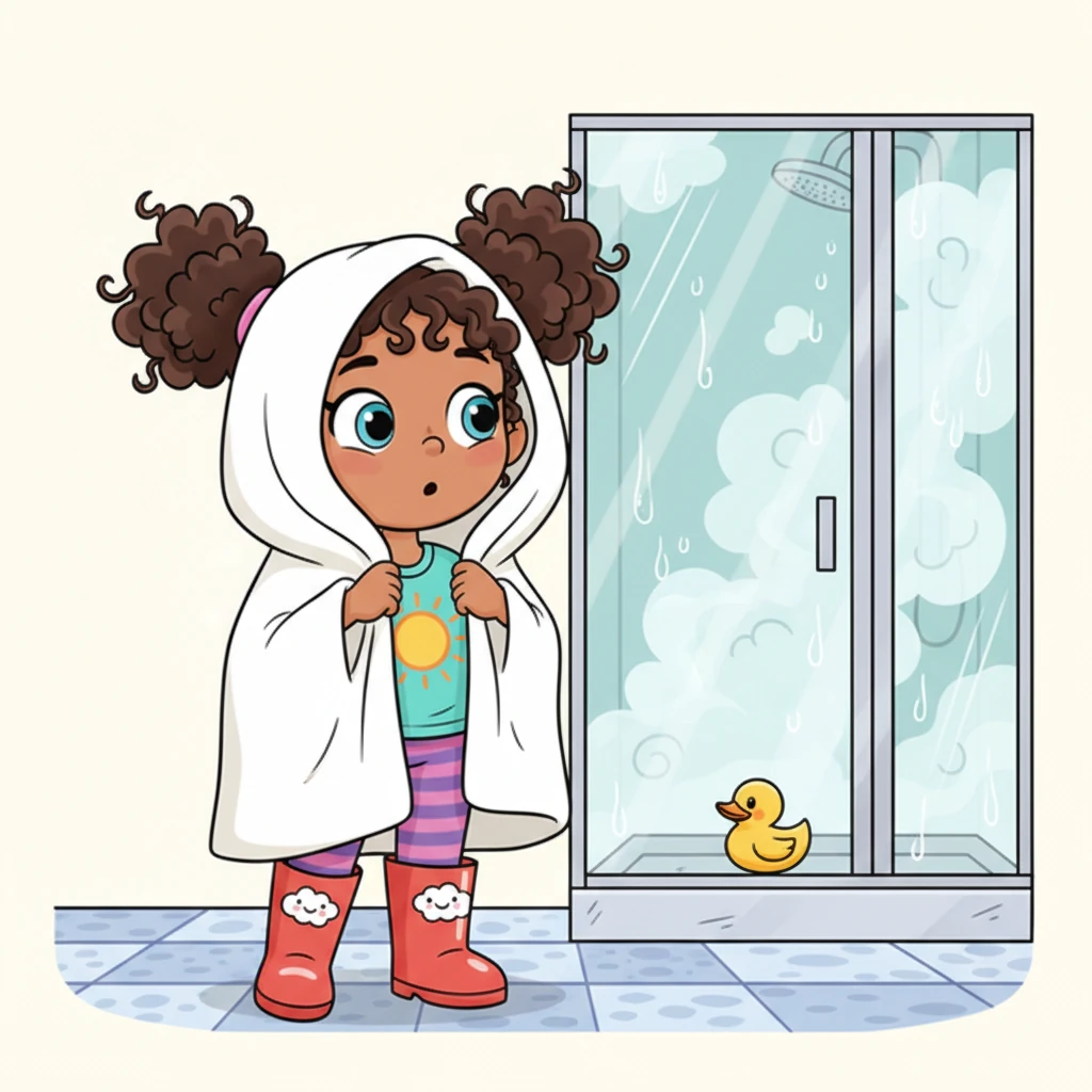 Safya stood at the bathroom door, a fluffy towel draped over her still-clothed shoulders. Her big, round eyes looked a little puzzled at the steamy cabin shower, wondering where to even begin this splashy mission.