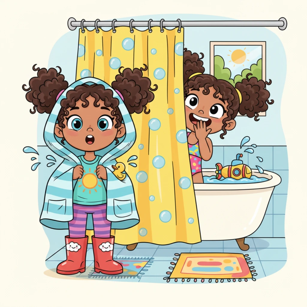 Suddenly, her best friend, Lily, popped up from behind the shower curtain with a mischievous grin! Lily, with her bouncy pigtails, was ready to share all her secret shower-time moves.