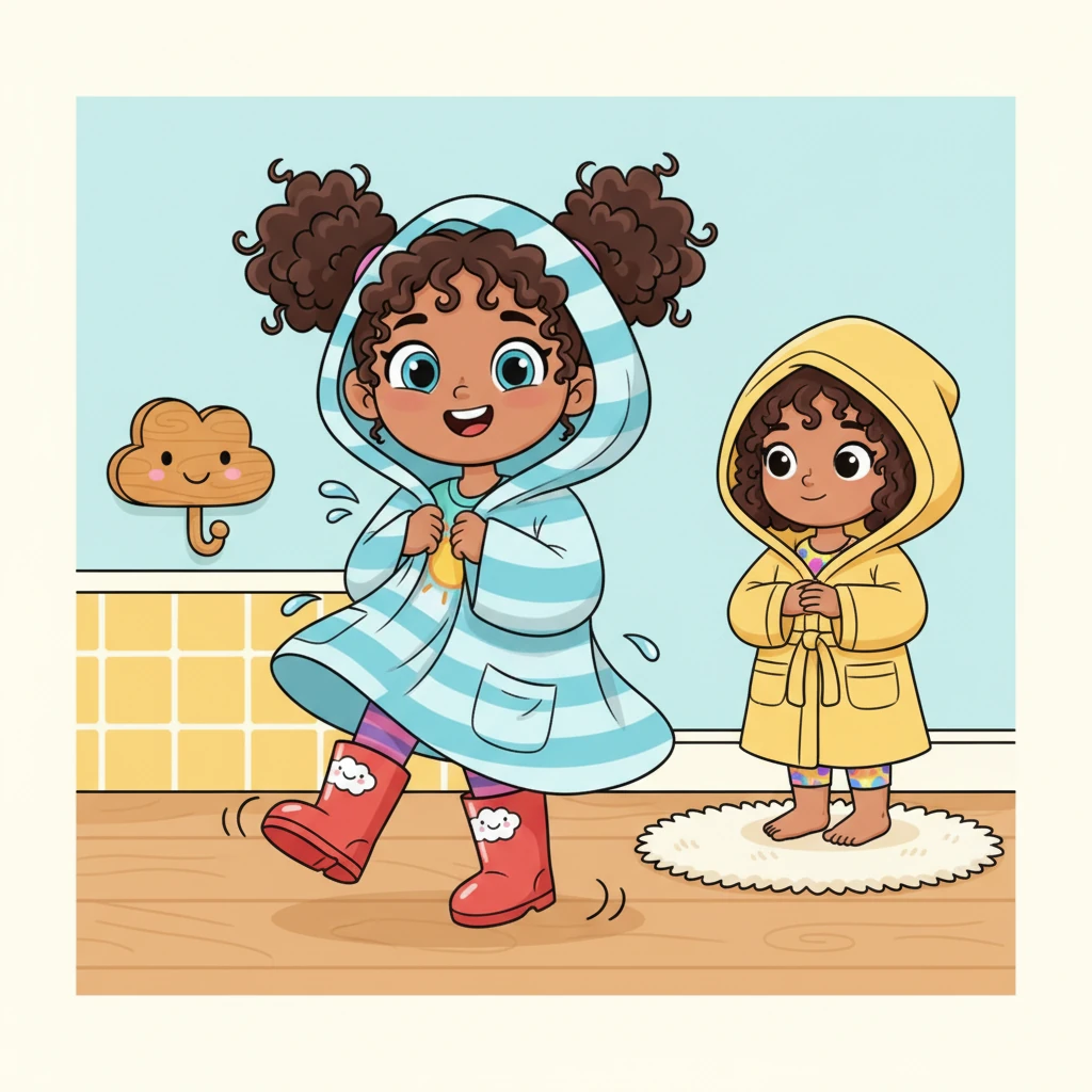Lily playfully twirled around, demonstrating how to carefully take off her clothes and hang them neatly on a hook, ready for dry, post-shower comfort. Safya watched intently, a small smile starting to form on her face.