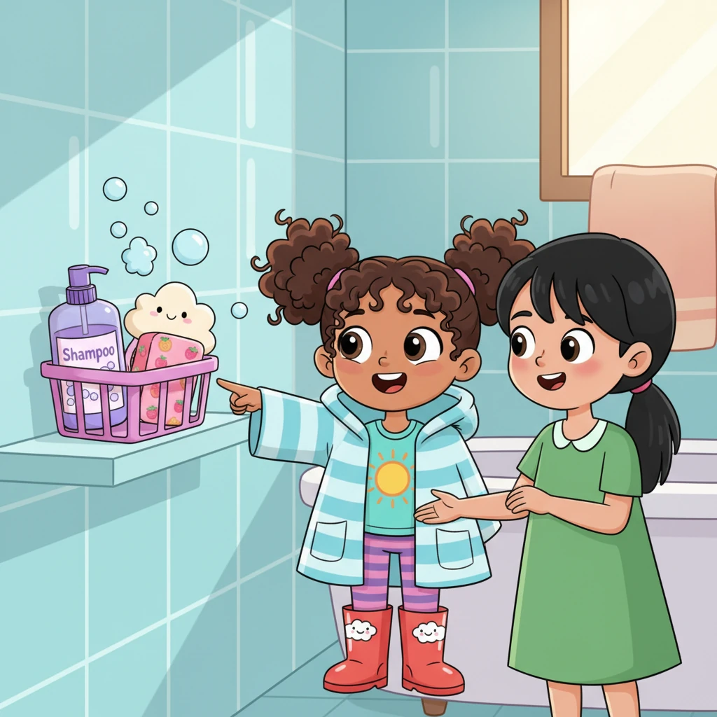Next, Lily pointed to a colorful caddy filled with bubbly treasures: a big bottle of shampoo, a bar of fruity soap, and a loofah shaped like a happy cloud. Safya's eyes widened with excitement at all the fun tools.