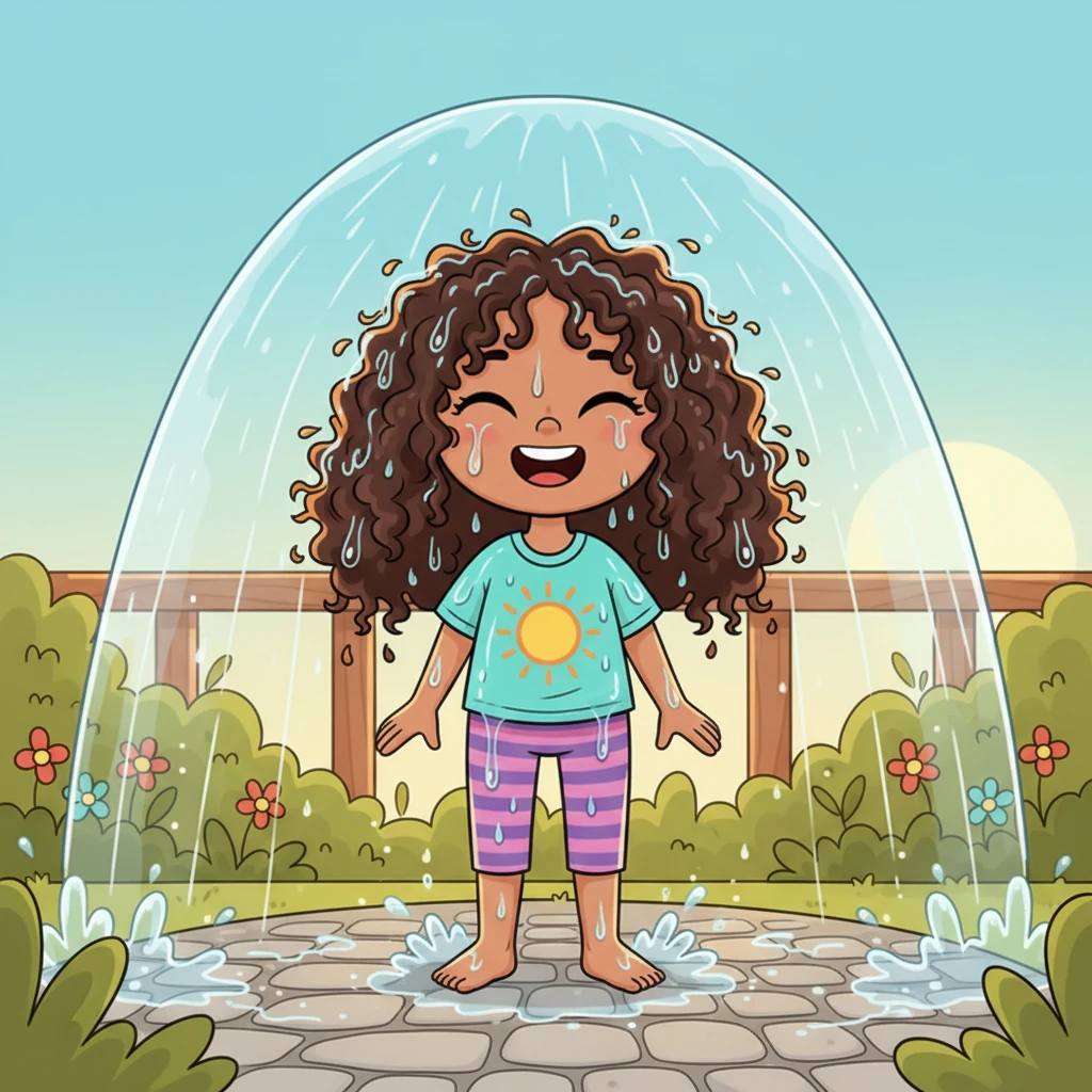 Now it was Safya's turn! She stepped into the warm spray, letting the water cascade over her head and shoulders, wetting every strand of her hair and making her skin tingle. A joyful giggle escaped her lips.
