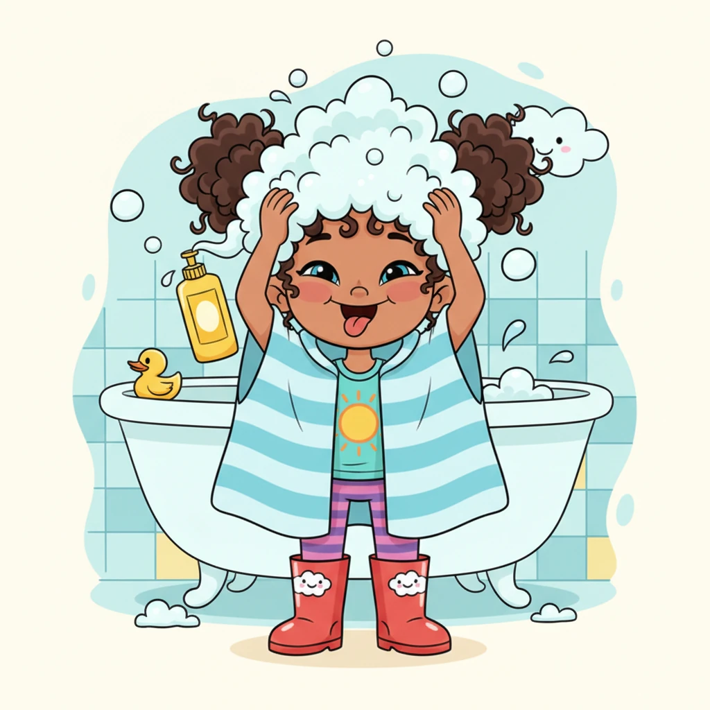 Safya grabbed the shampoo, squeezed a dollop into her hand, and worked it into a magnificent, foamy mountain on her head! She made a silly face, pretending her hair was a giant, bubbly hat.