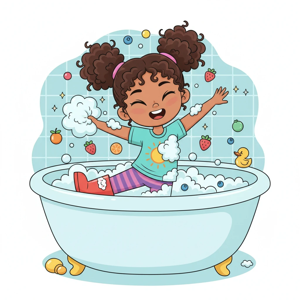 Then, with the fruity soap and the cloud-shaped loofah, Safya scrubbed her arms, legs, and tummy, making sure every inch was sparkling clean. She made funny stretching poses to reach all the tricky spots.