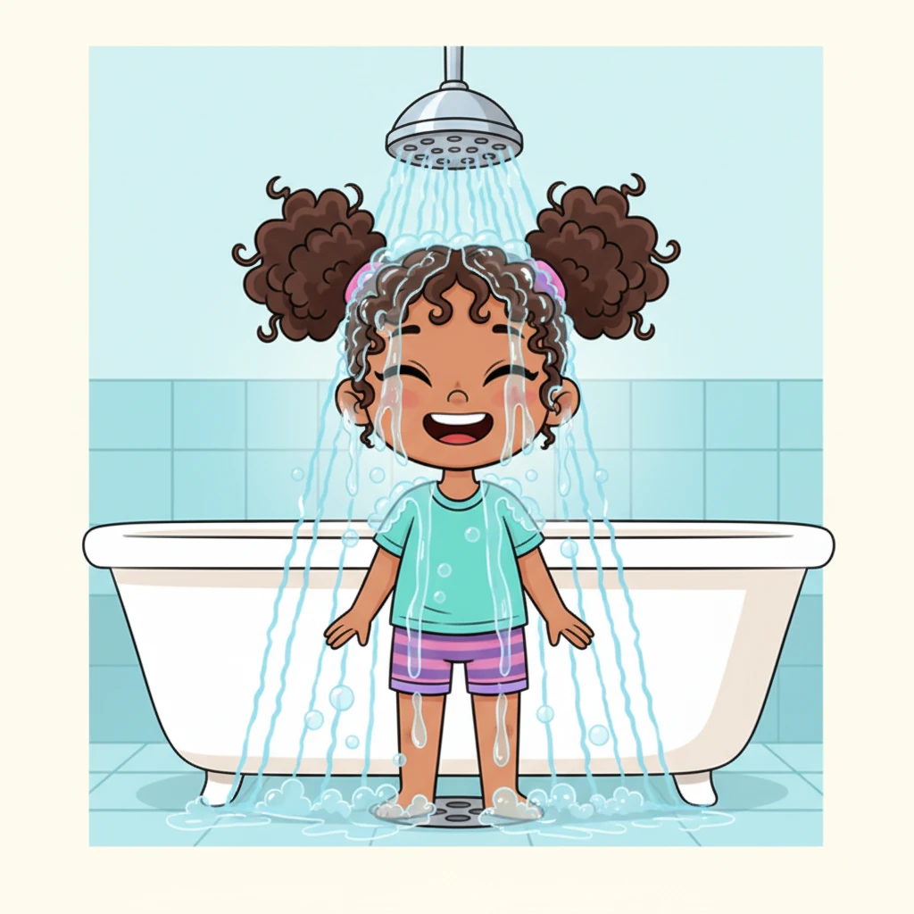 Time for rinsing! Safya stood under the shower stream, letting the warm water wash away all the suds and bubbles. She felt incredibly refreshed as the last of the foamy bits disappeared down the drain.