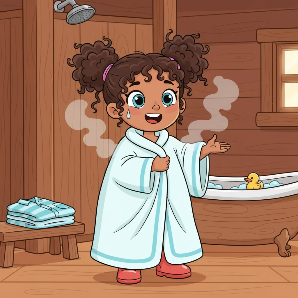 Finally, Safya stepped out, wrapped tightly in her big, fluffy towel, feeling super clean and proud. She beamed, her face glowing, ready for cozy pajamas and a big hug, having mastered the art of the perfect cabin shower!