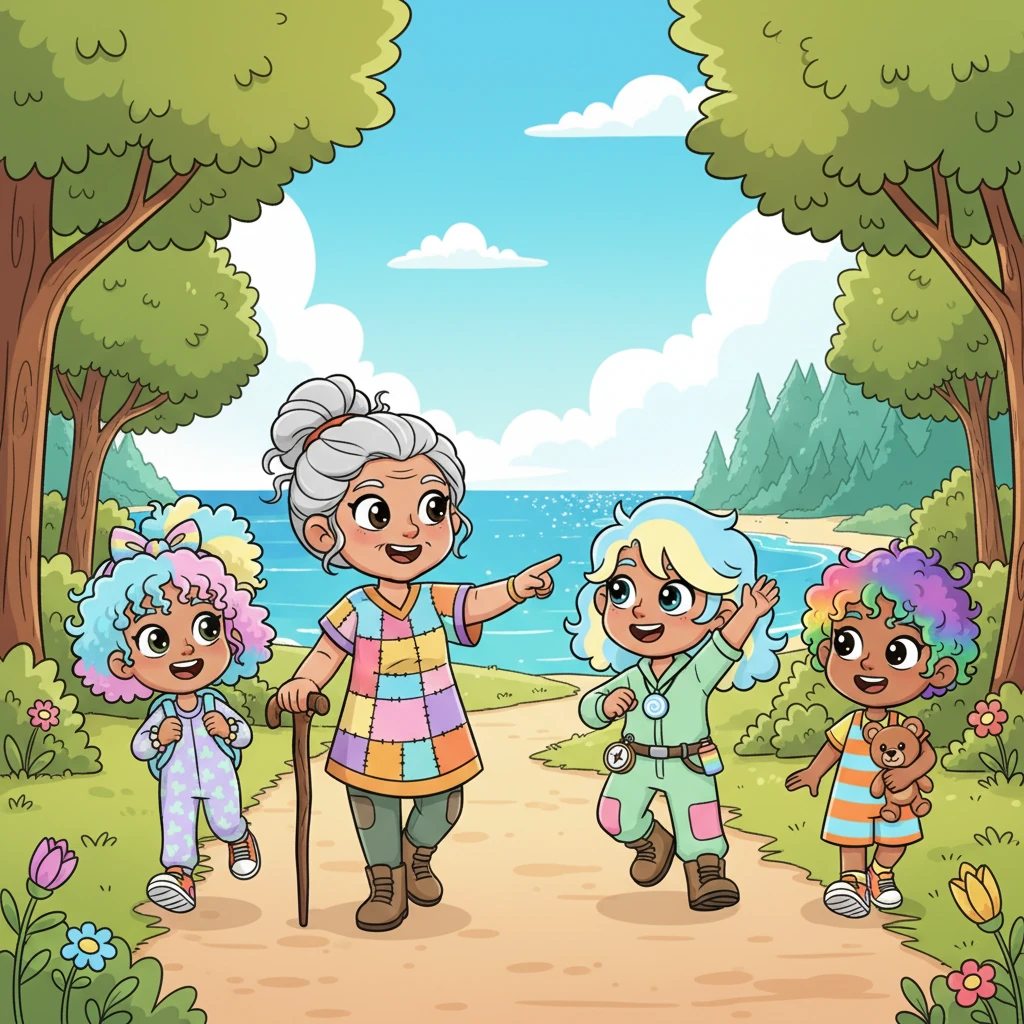 One sunny morning, Chris, Ana, Shia, and Lorie set off on an exciting adventure with their Grandma Elara. They were heading to the beautiful Trou d’Argent, a magical place where the forest met the sparkling sea. Their hearts were full of anticipation for the day ahead.