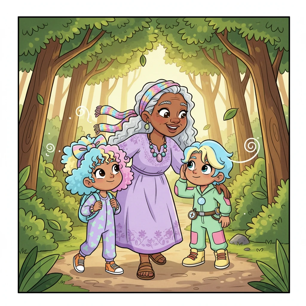 As they strolled along a sun-dappled path through the lush green trees, a gentle breeze rustled the leaves above them. Grandma Elara smiled warmly at the children and shared a special secret. "Today," she whispered, "I will teach you the magic of breathing!"