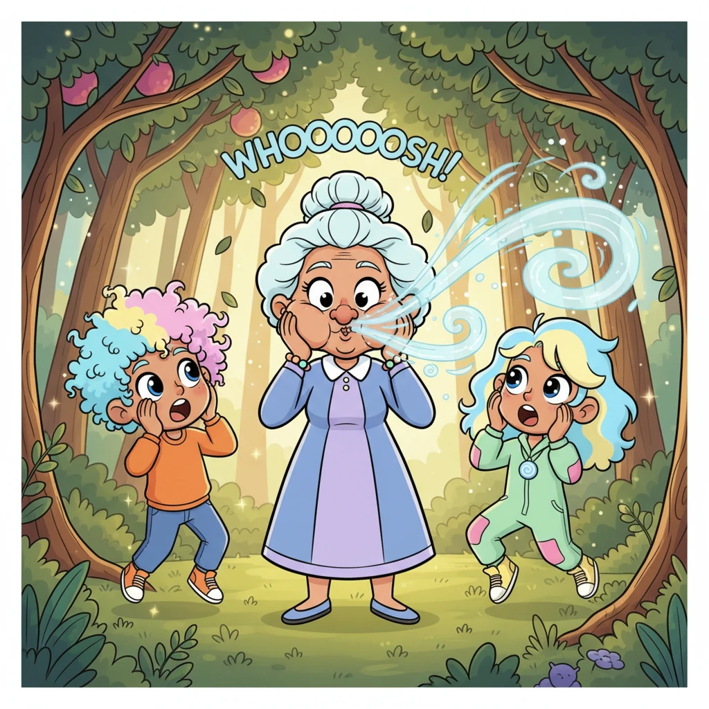 Suddenly, a mighty whoooosh echoed through the branches, making the children jump. Grandma Elara grinned mischievously and declared, "Imagine you are a strong, powerful dragon!" She demonstrated a deep breath in through her nose, followed by a loud, forceful blow out through her mouth.
