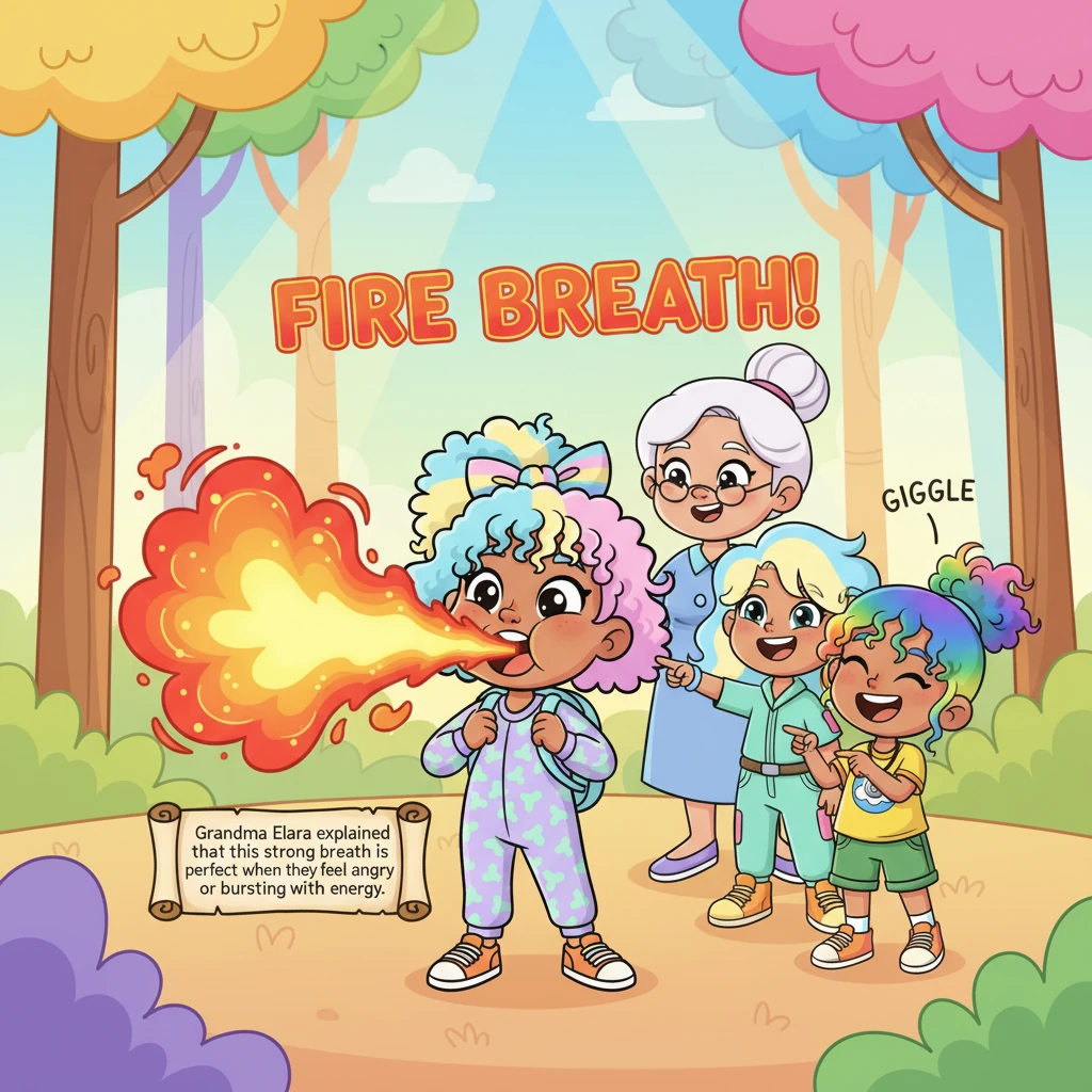 Little Chris puffed out his chest and let out a huge, fiery breath, shouting, "FIRE BREATH!" Everyone burst into joyful laughter, their giggles echoing in the forest. Grandma Elara explained that this strong breath is perfect when they feel angry or bursting with energy.