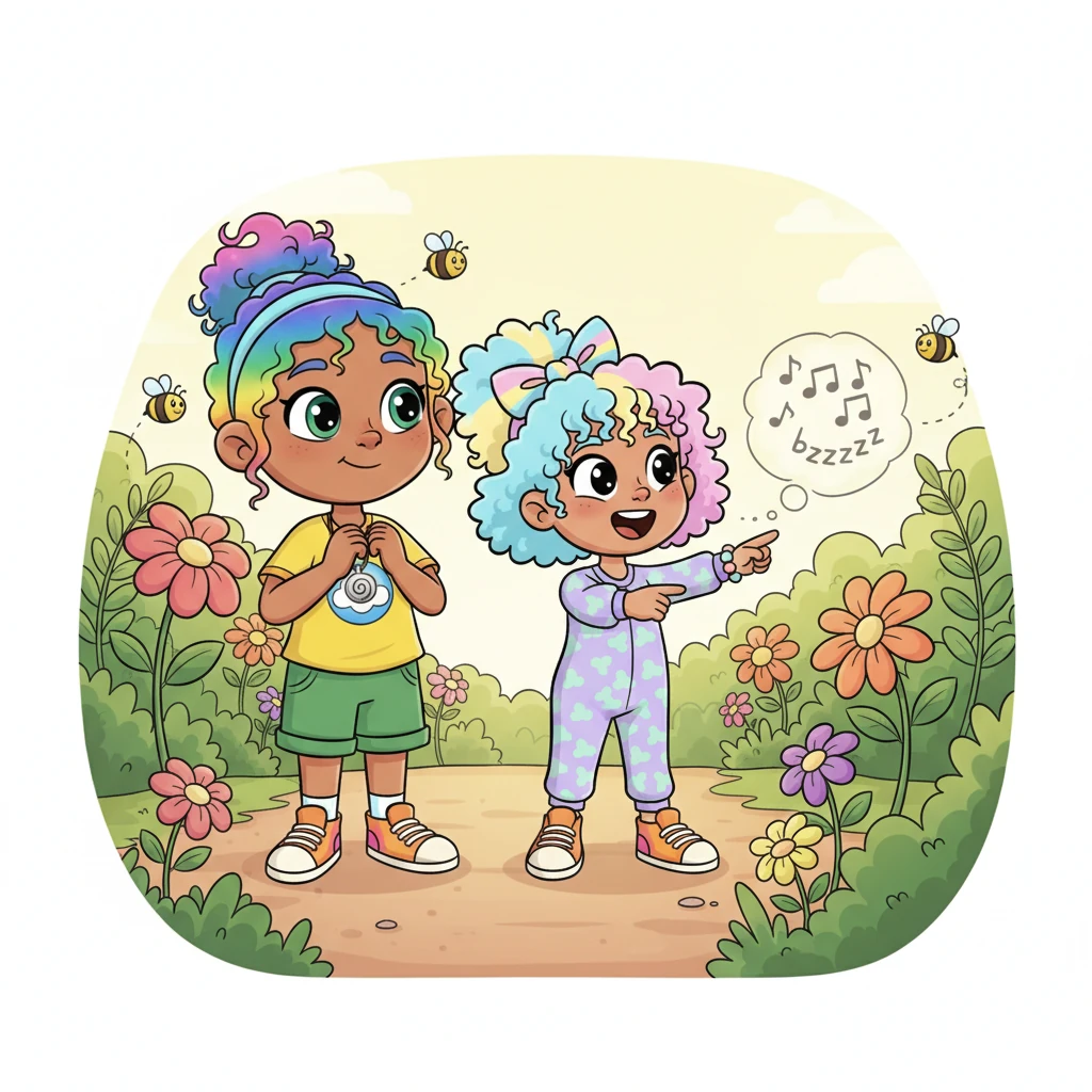 Further along their path, a soft, harmonious bzzzzzz sound filled the air. Lorie pointed excitedly, "I hear bees!" Grandma Elara nodded, her eyes twinkling, and suggested, "Let's try breathing like a gentle bee now."