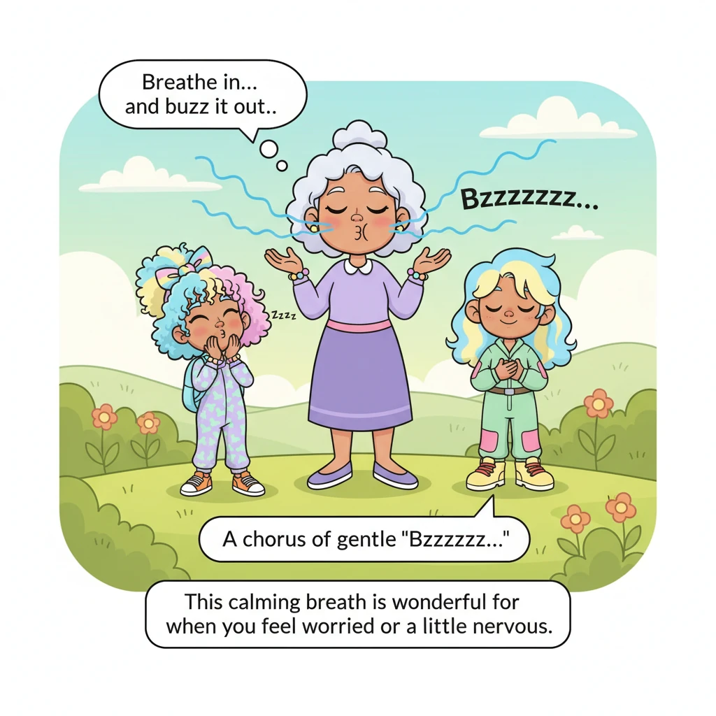 She showed them how to breathe in slowly and then release the air with a soft, comforting buzzing sound. The children hummed together, a chorus of gentle "Bzzzzzzzz..." Grandma Elara explained this calming breath is wonderful for when they feel worried or a little nervous.