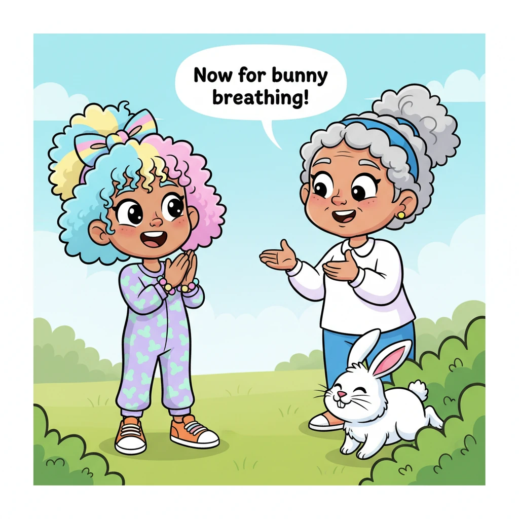 Near a patch of vibrant green bushes, a fluffy little bunny suddenly hopped out, twitching its nose. Shia clapped her hands with delight, completely charmed by the tiny creature. "Now for bunny breathing!" Grandma Elara announced with a playful twinkle.