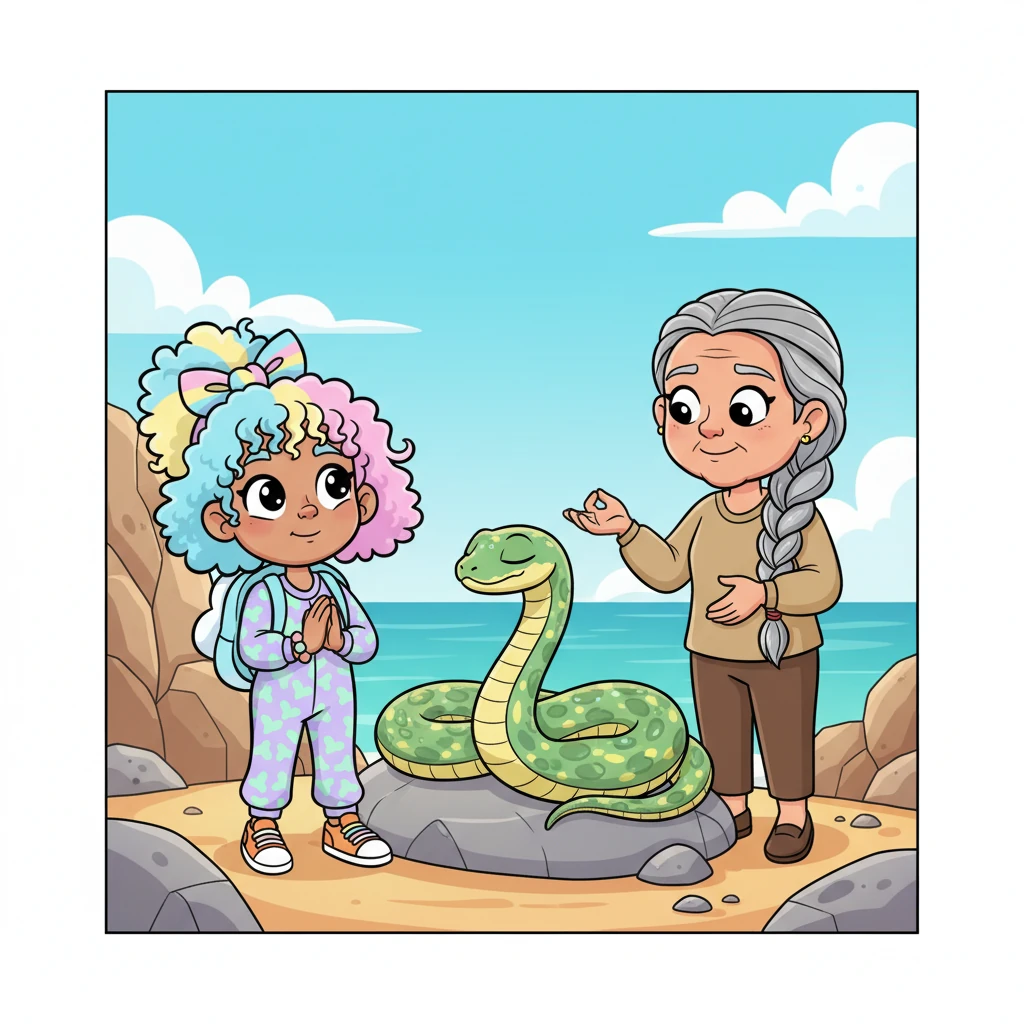 Finally, as they approached the rocky coastline, they spotted a long, elegant snake resting peacefully on a warm stone. Ana whispered, mesmerized, "It looks so incredibly calm." Grandma Elara gently guided them into "snake breathing."