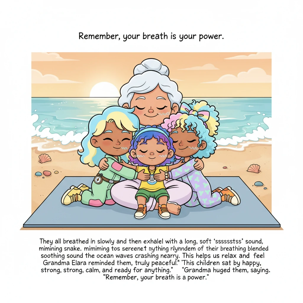 They all breathed in slowly and then exhaled with a long, soft "sssssssss" sound, mimicking the serene snake. The gentle rhythm of their breathing blended with the soothing sound of the ocean waves crashing nearby. Grandma Elara reminded them, "This helps us relax and feel truly peaceful." The children sat by the sparkling sea, feeling happy, strong, calm, and ready for anything. Grandma hugged them, saying, "Remember, your breath is your power."