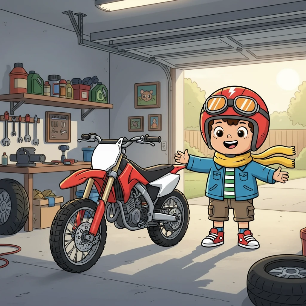 Lewis, a ten-year-old with a grin as wide as the track, gazed at the gleaming red dirt bike his dad had just bought him. The bike sat proudly in the garage, a promise of adventure and speed. He couldn't wait to learn to ride and compete in the upcoming motocross race.