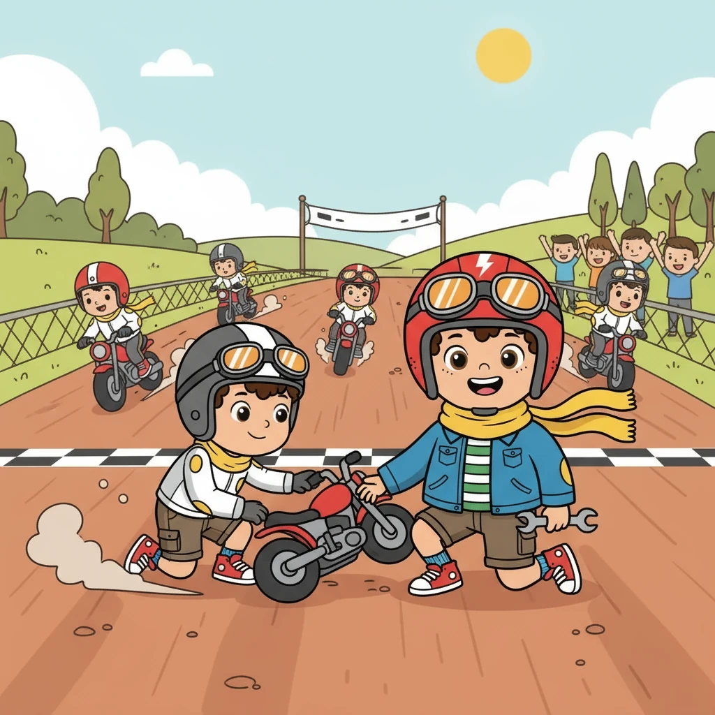 The day of the race arrived, filled with the roar of engines and the excited chatter of racers and spectators. During the race, Lewis saw another rider struggling to get his bike started after a fall. He pulled over, helping the boy get back on the track, even though it meant losing valuable time.