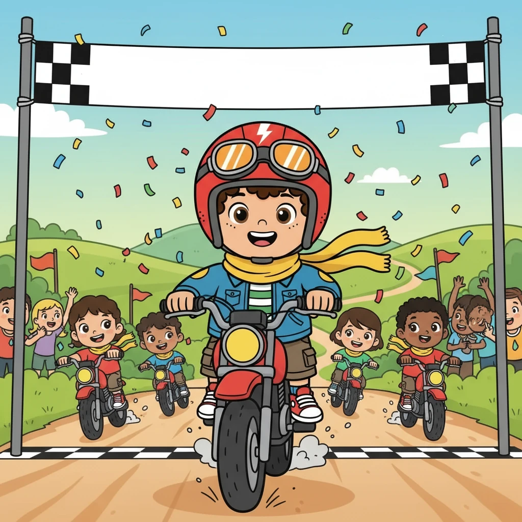 In a stunning comeback, Lewis used his newfound skills and the lessons from his falls to pass other riders. He crossed the finish line in first place! He had won, not just the race, but the respect of everyone, proving that true victory comes from helping others and never giving up.