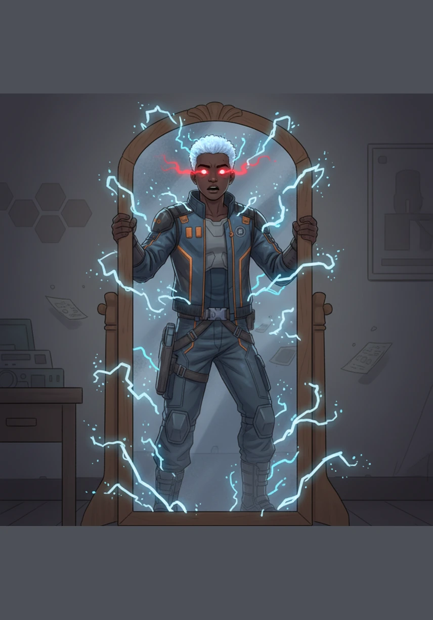 When Kaelen looked in the mirror, his reflection had changed forever; his skin remained deep ebony, but his hair had turned a shimmering, snowy white and his eyes glowed with a piercing crimson light. The air in the room hummed with a new, electric energy that responded to his every breath.