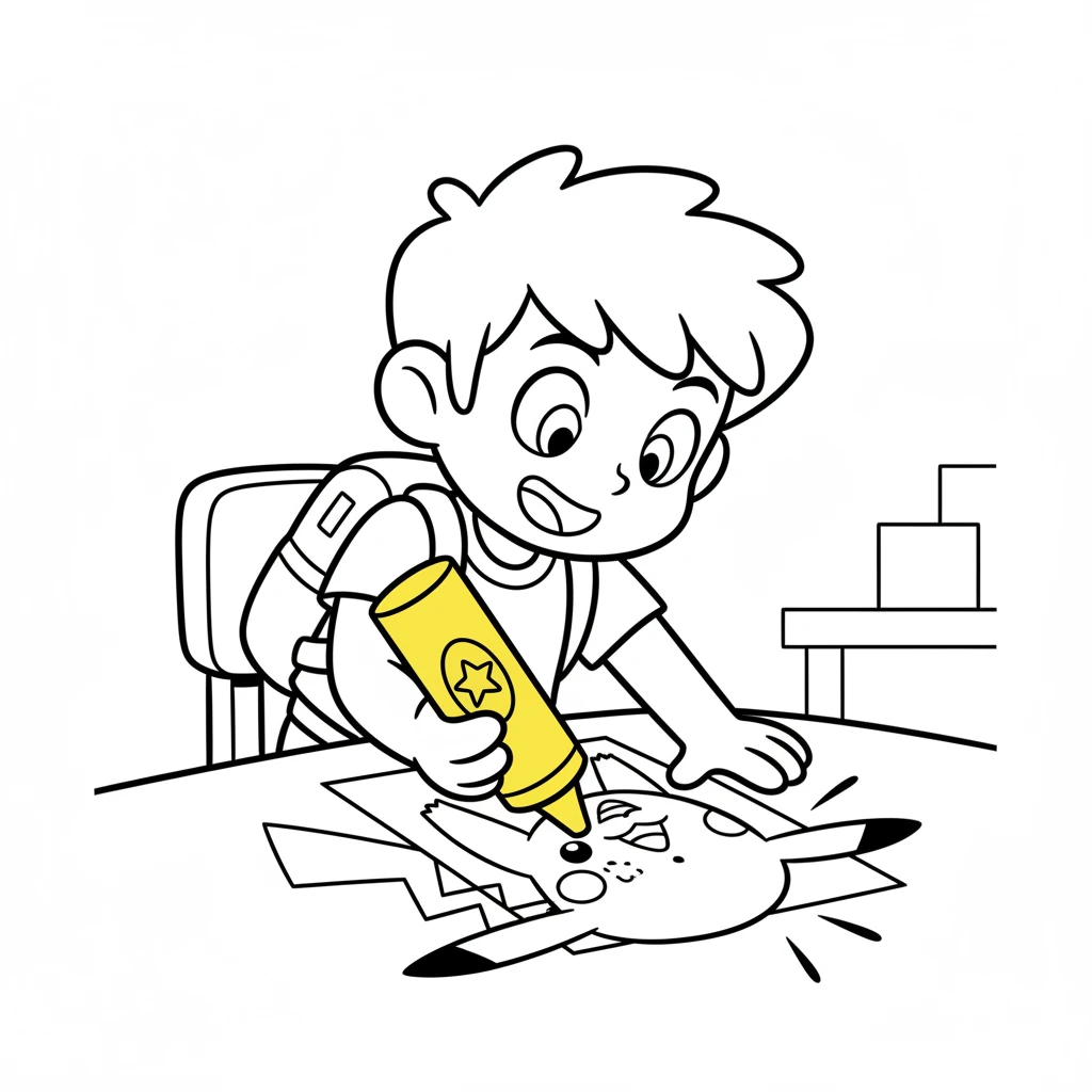 Leo smiled and picked up a bright yellow crayon. He carefully began to fill in Pikachu's happy shape. Pikachu wiggled with joy, eager to be full of color.