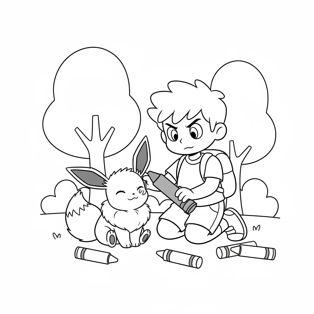 Leo thought for a moment, then chose a warm brown crayon. He gently started to color Eevee's adorable form. Eevee purred softly, happy to feel the art come alive.