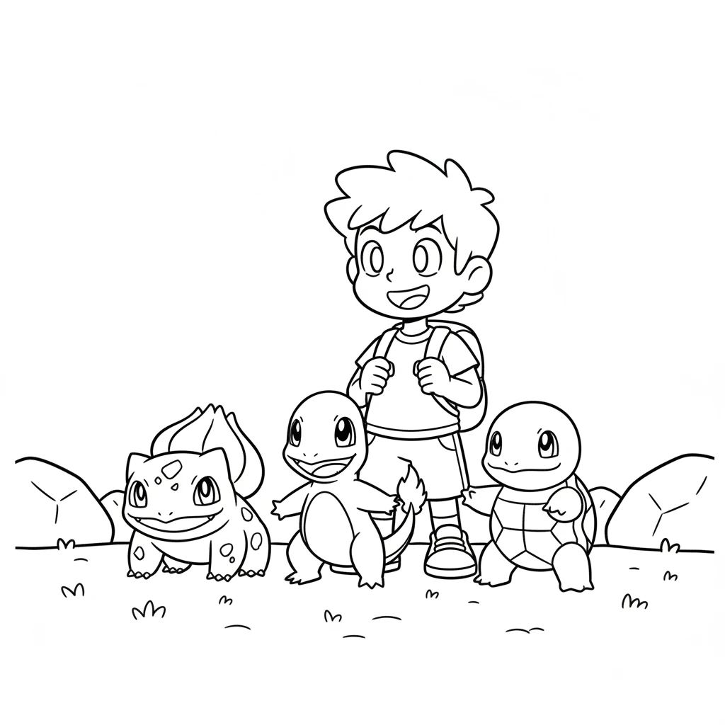 Suddenly, a trio of friends popped up! It was Bulbasaur, Charmander, and Squirtle, all eager for their turn. They lined up, smiling brightly at Leo.