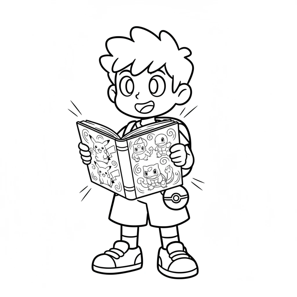 Finally, Leo held up his finished coloring book. Every page was bright and beautiful, filled with his wonderful Pokémon friends. He felt proud of his colorful adventure!