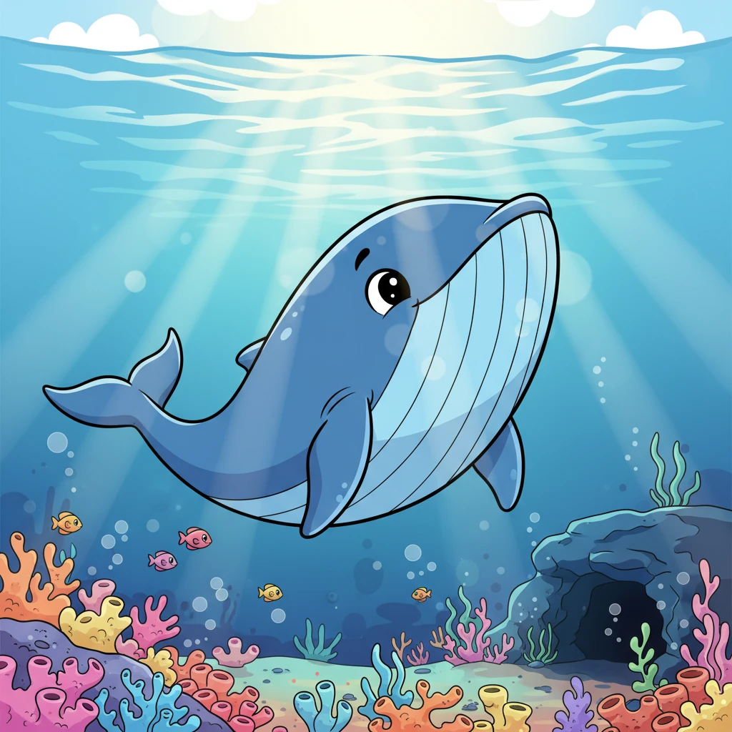 Luna, a magnificent blue whale, gazed out at the shimmering surface of the ocean. Her heart yearned to see what lay beyond her familiar waters, dreaming of colorful coral reefs and mysterious deep-sea caves. She imagined herself swimming through incredible new places, a big, happy smile on her enormous face.