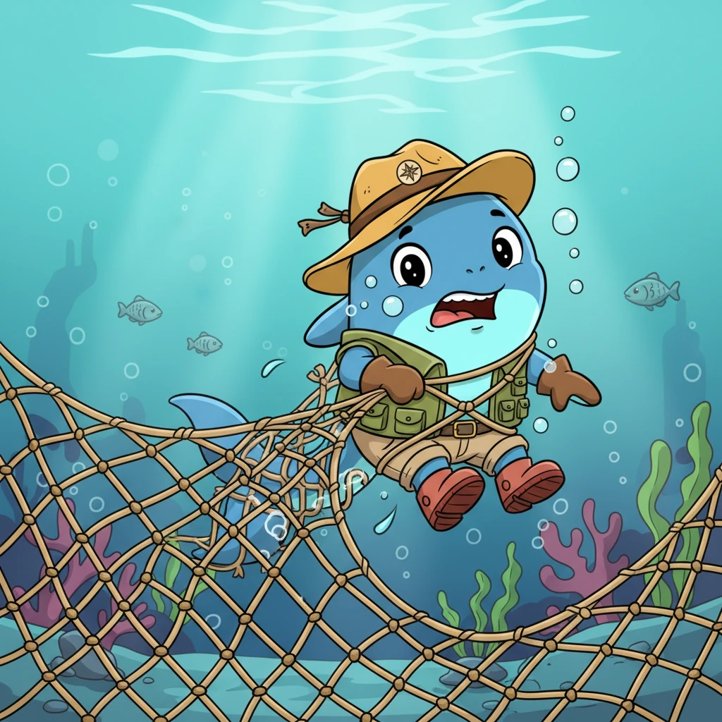 Suddenly, a strange, rough texture brushed against her smooth skin. Before she knew it, strong, invisible cords began to tighten around her tail and fins, pulling her back. Panic bubbled up as she realized she was caught in a giant, tangled net.
