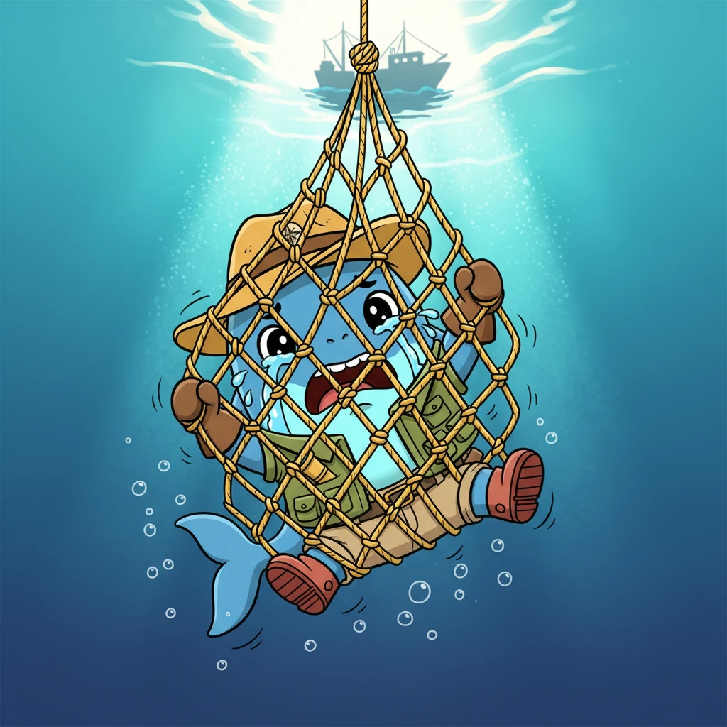 Luna thrashed and struggled, but the net held firm, slowly pulling her upwards towards the bright surface. Far above, she could faintly see the silhouettes of a human boat, their shapes looming large and uncaring. Tears welled in her big, expressive eyes.