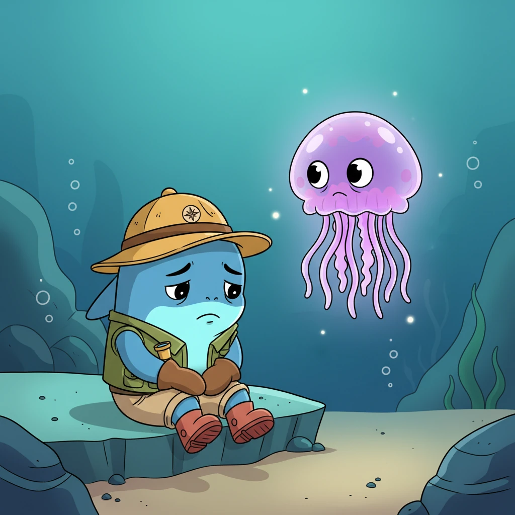 Just when despair started to set in, a tiny, translucent glow appeared nearby. It was Ela, a vibrant purple jellyfish, bobbing gently in the water. Ela's large, curious eyes noticed Luna's struggle, and she felt a spark of determination to help.