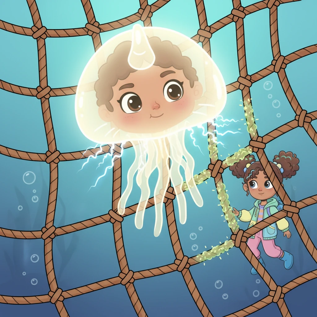 With a brave wiggle, Ela swam closer, her bell pulsating with a soft, electrical hum. From her unique, glowing 'horn' at the top of her bell, tiny sparks of energy shot out, touching the thick ropes of the net. The ropes began to fizz and weaken.