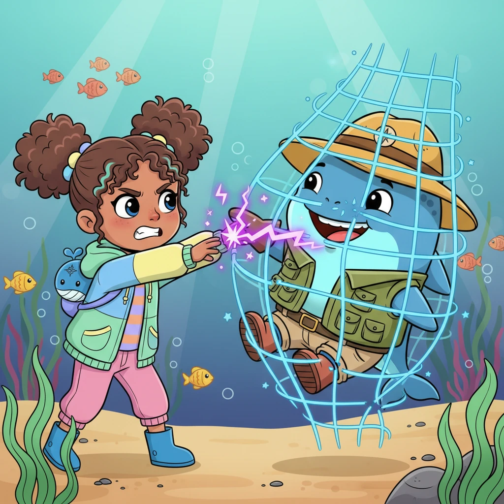 Ela worked tirelessly, zapping the strands one by one, her little face scrunched in concentration. Slowly but surely, the strong netting began to fray and snap, piece by piece. Luna watched with renewed hope, wiggling gently to help Ela.