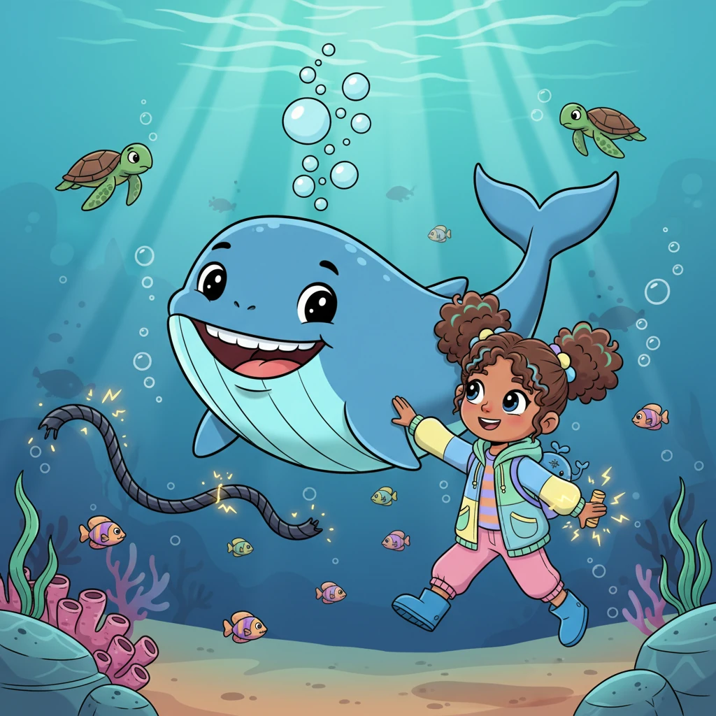 With one final, mighty zap from Ela's electric horn, the last rope gave way, and Luna was free! She let out a joyful, rumbling sigh of relief, feeling the water flow freely around her once more. Luna gently nudged Ela, a silent thank you for her incredible bravery.