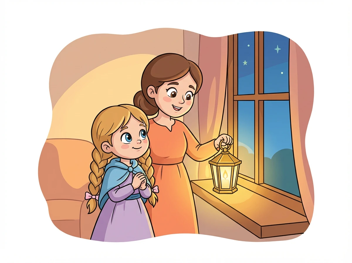 Chaque soir, la mère d'Amina allumait une petite lanterne et la plaçait près de la fenêtre. La douce lueur dorée remplissait la pièce d'une chaleur réconfortante.